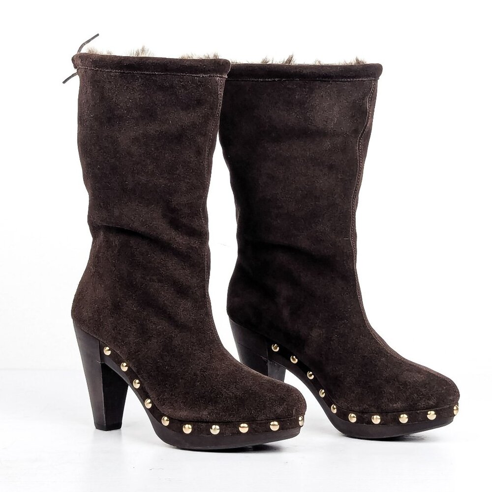 Michael Kors Women Brown Suede Studded Top Lace Fleece Lined Mid Boots sz 6.5